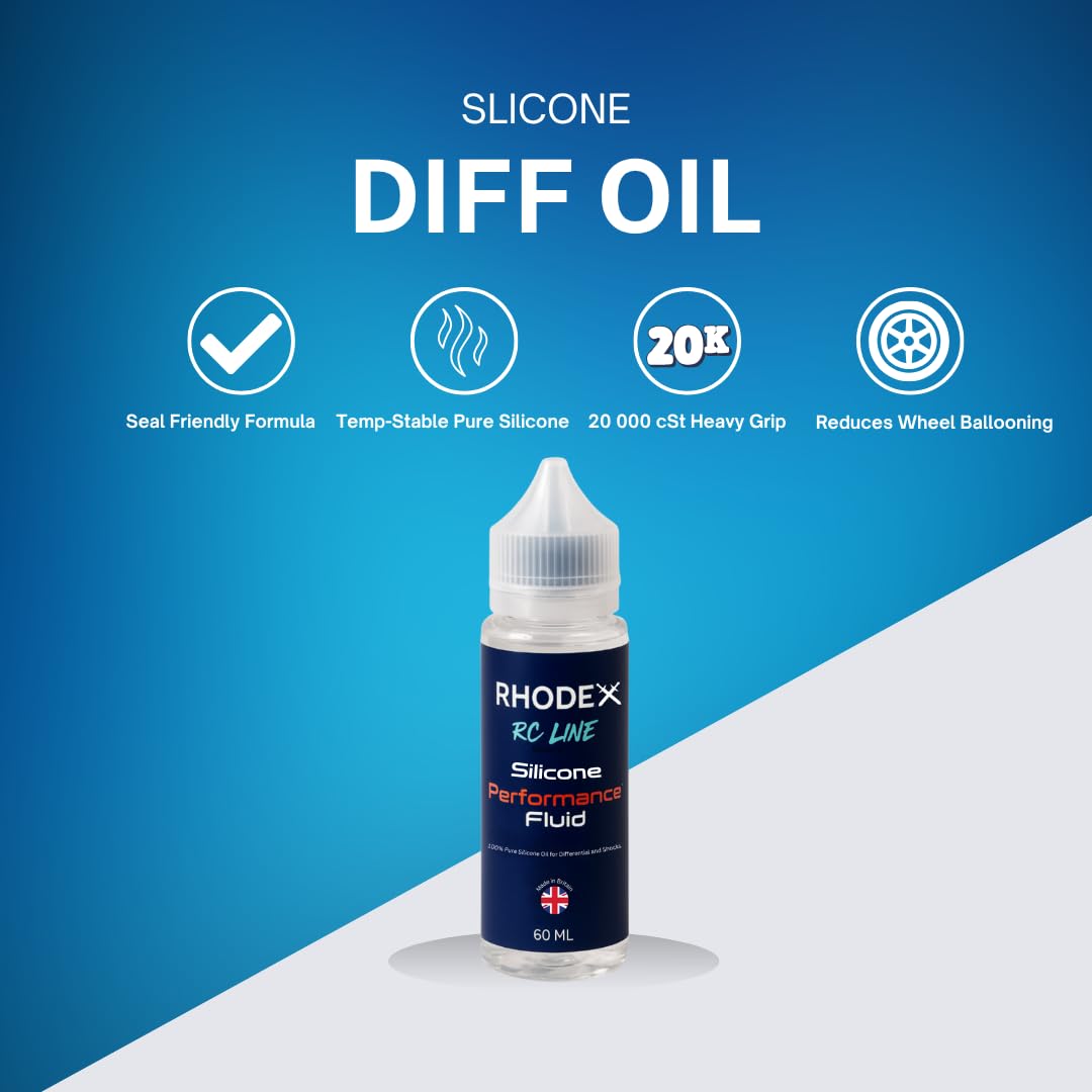 Rhodex RC Line 20,000 cSt 100% Silicone Differential Oil - 60ml Heavy-Duty RC Fluid for Centre & Rear Diffs | Max Traction, Explosive Launches