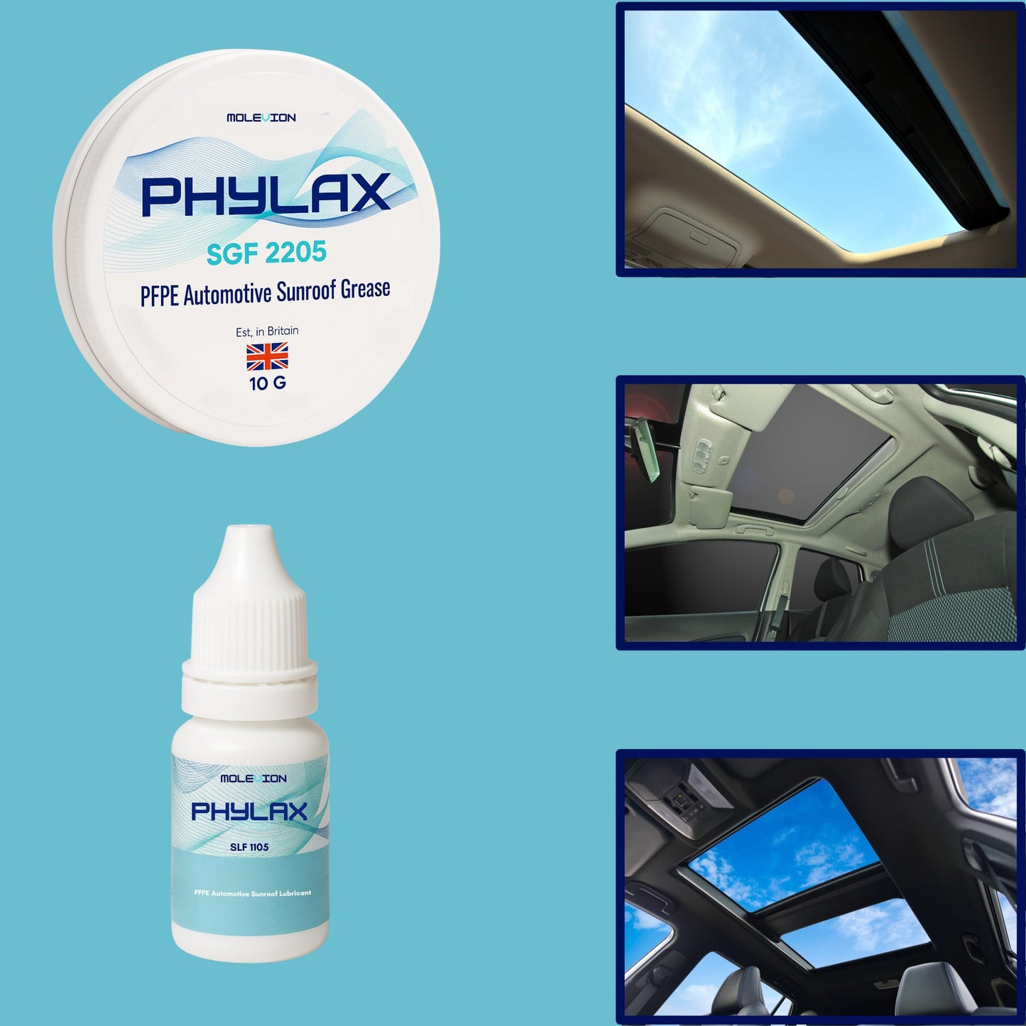 Molevion Phylax Sunroof Lubricant Kit | PFPE PTFE Grease & Oil for Automotive Tracks & Seals